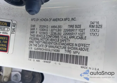 2016 Honda Cr-V Ex from USA, damaged, VIN 5J6RM3H50GL014089